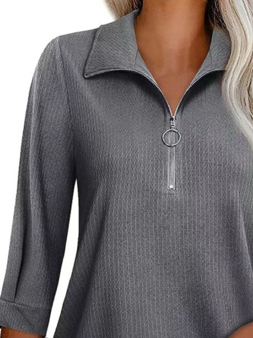 Half Zip Collared Neck Three-Quarter Sleeve T-Shirt, image 4