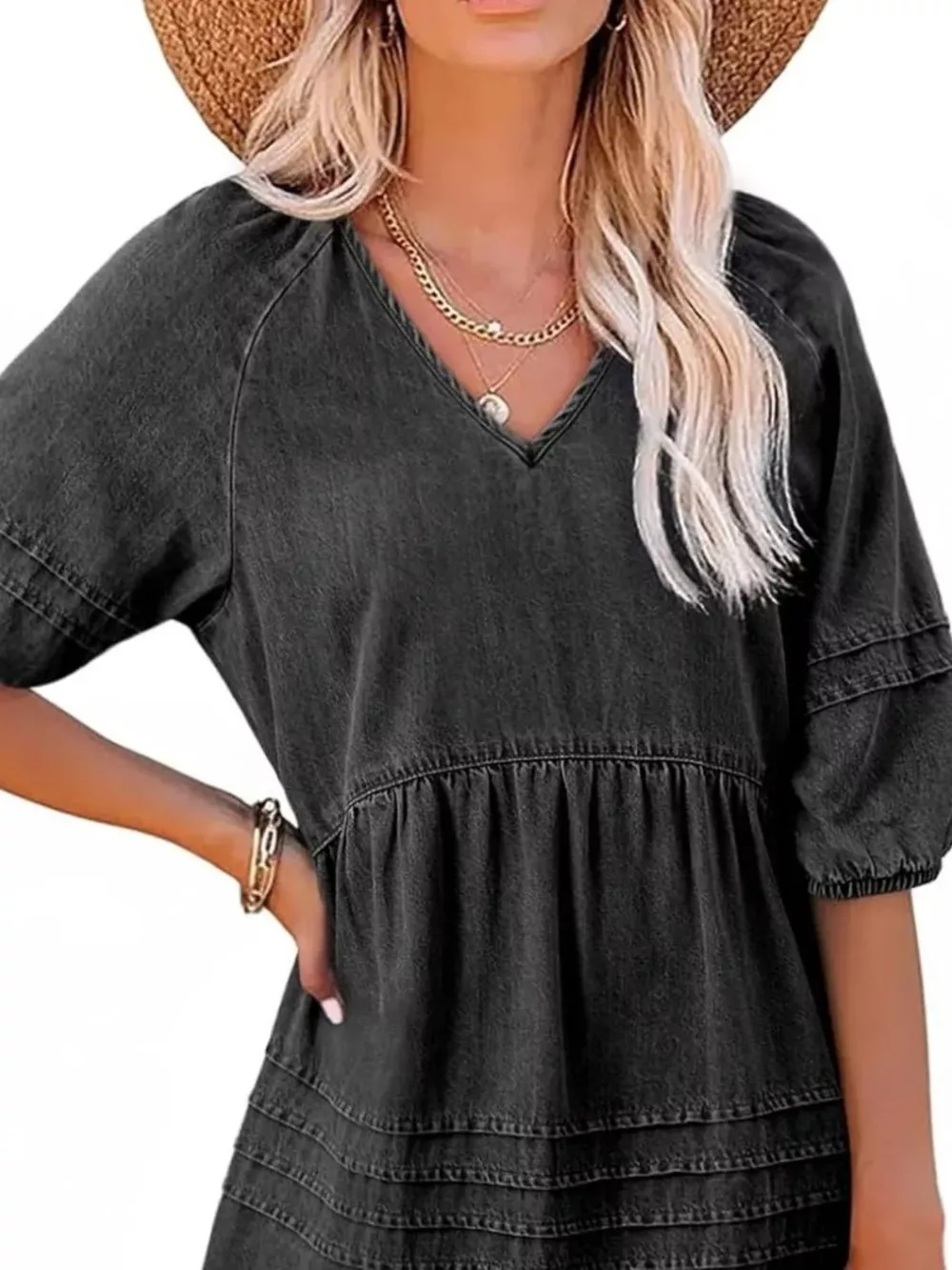 Casual V-Neck Puff Sleeve Denim Mini Dress, image 11