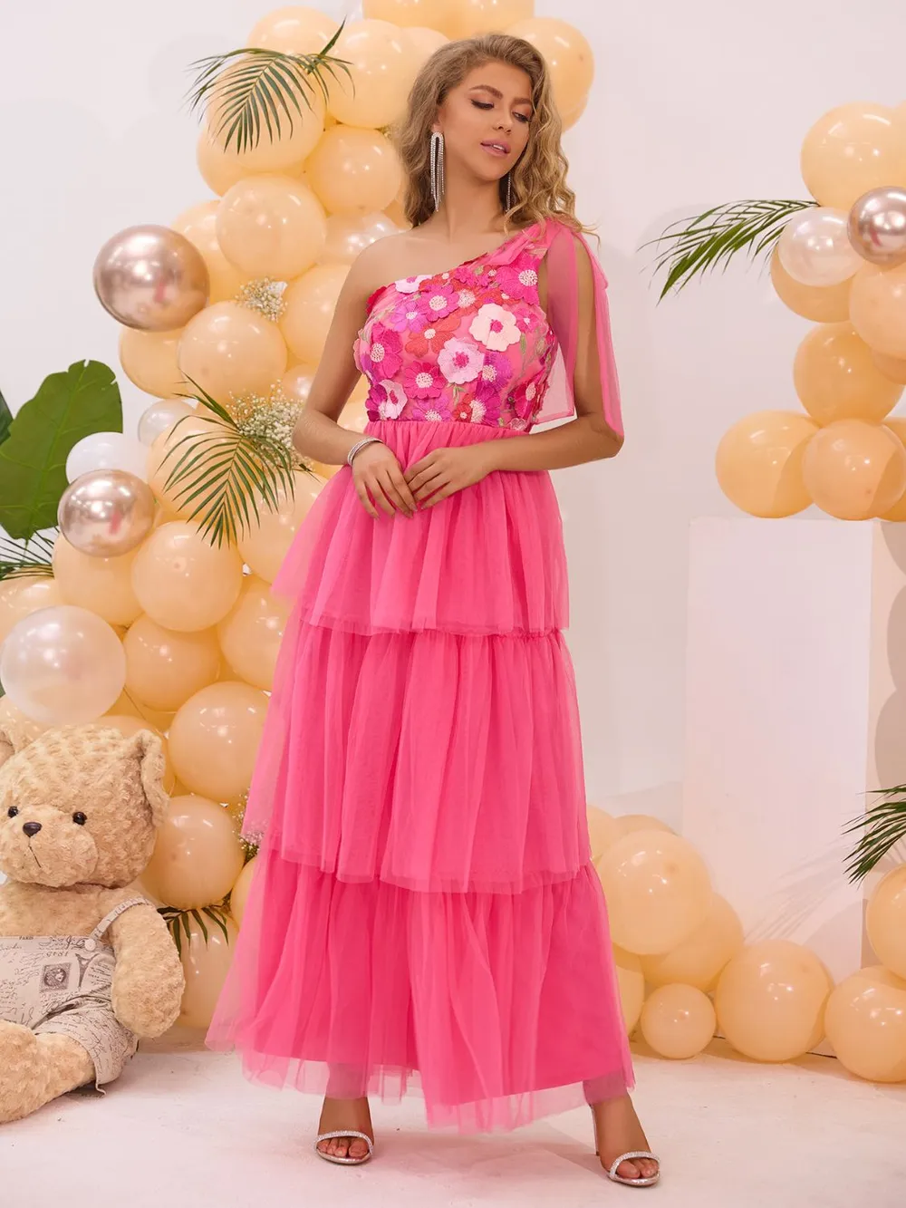 Embroidered Layered Single Shoulder Midi Dress, image 3
