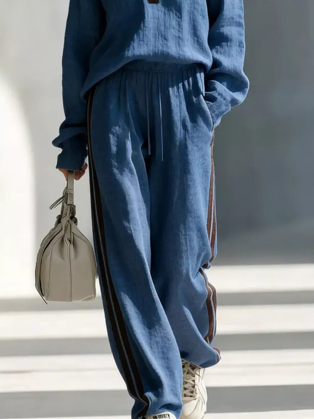 Contrast V-Neck Top and Striped Pants Set, image 5
