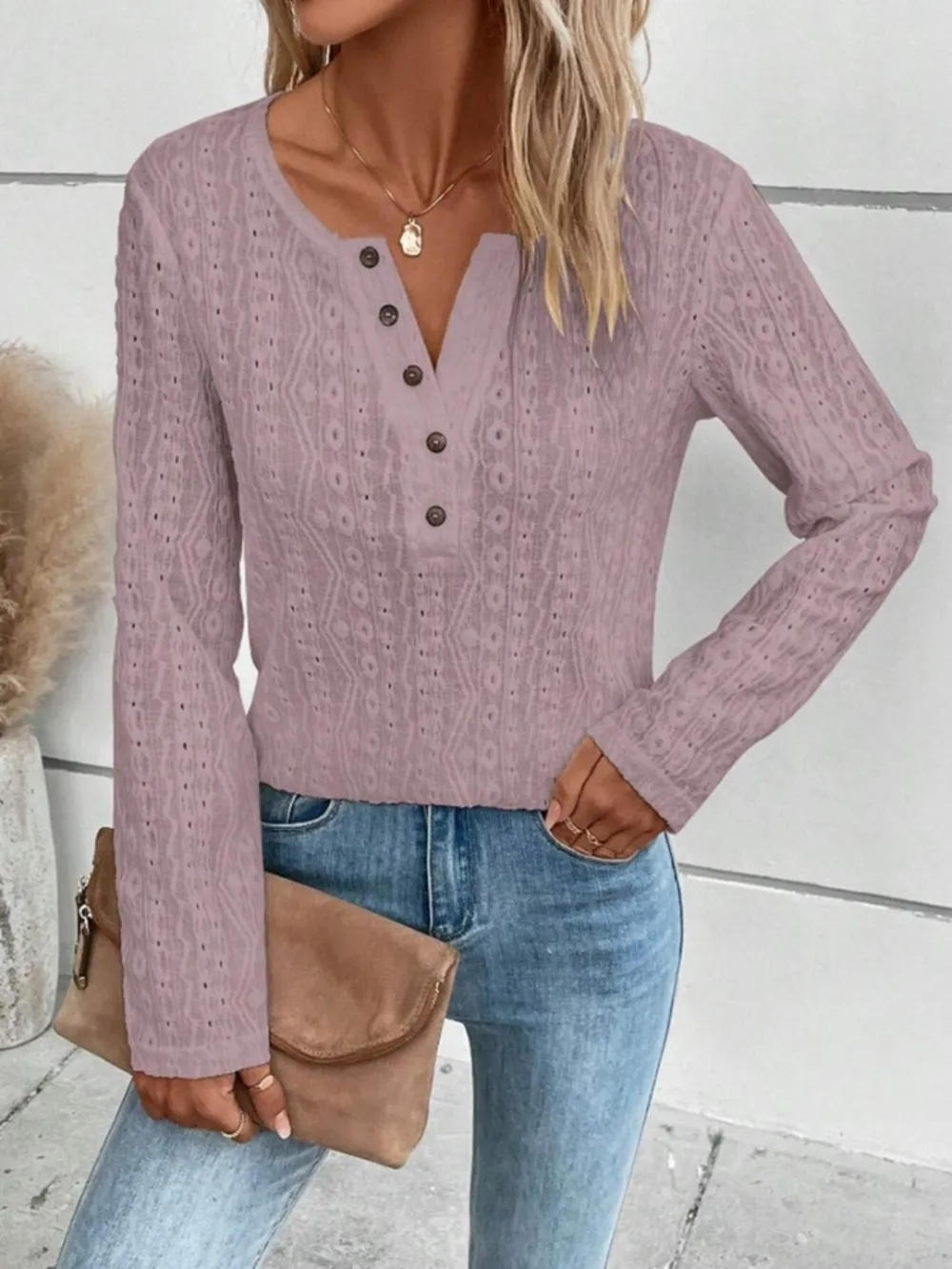 Openwork Half Button Long Sleeve Blouse, image 13