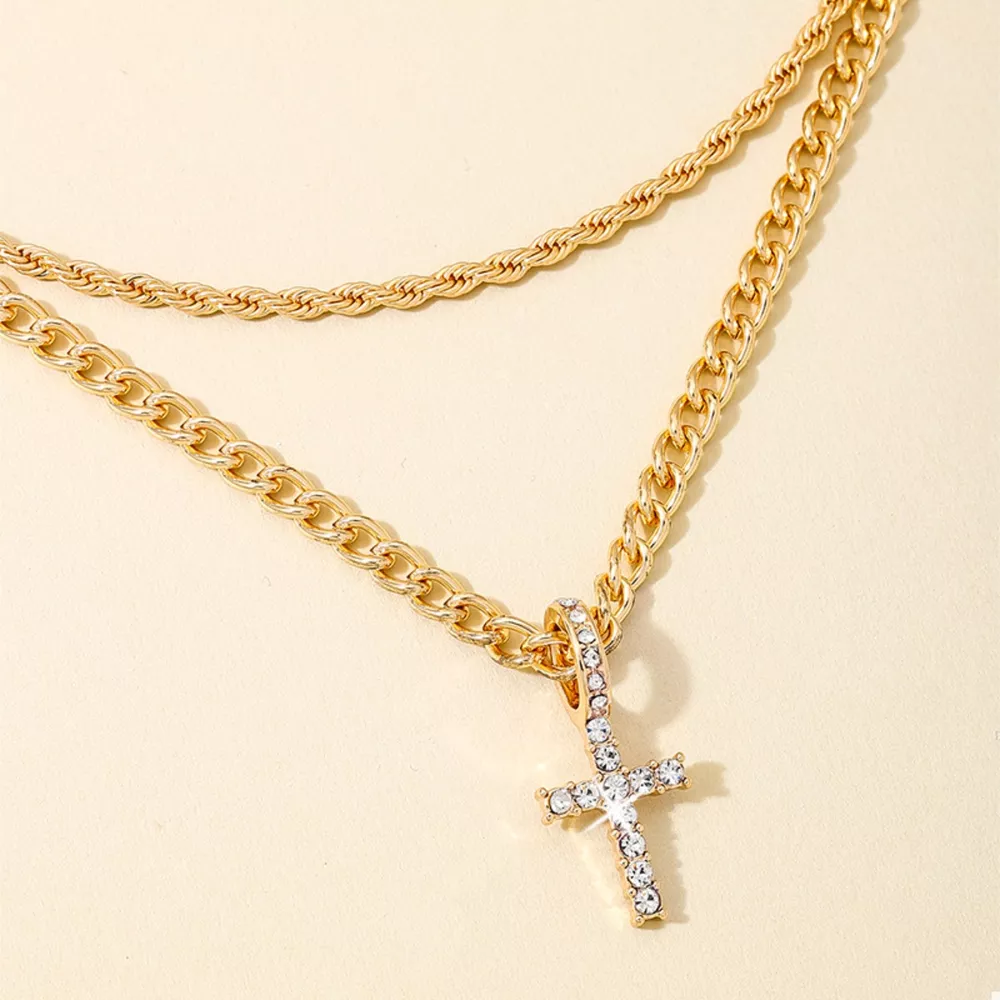 Layered Gold Chain Cross Pendant Necklace, image 3