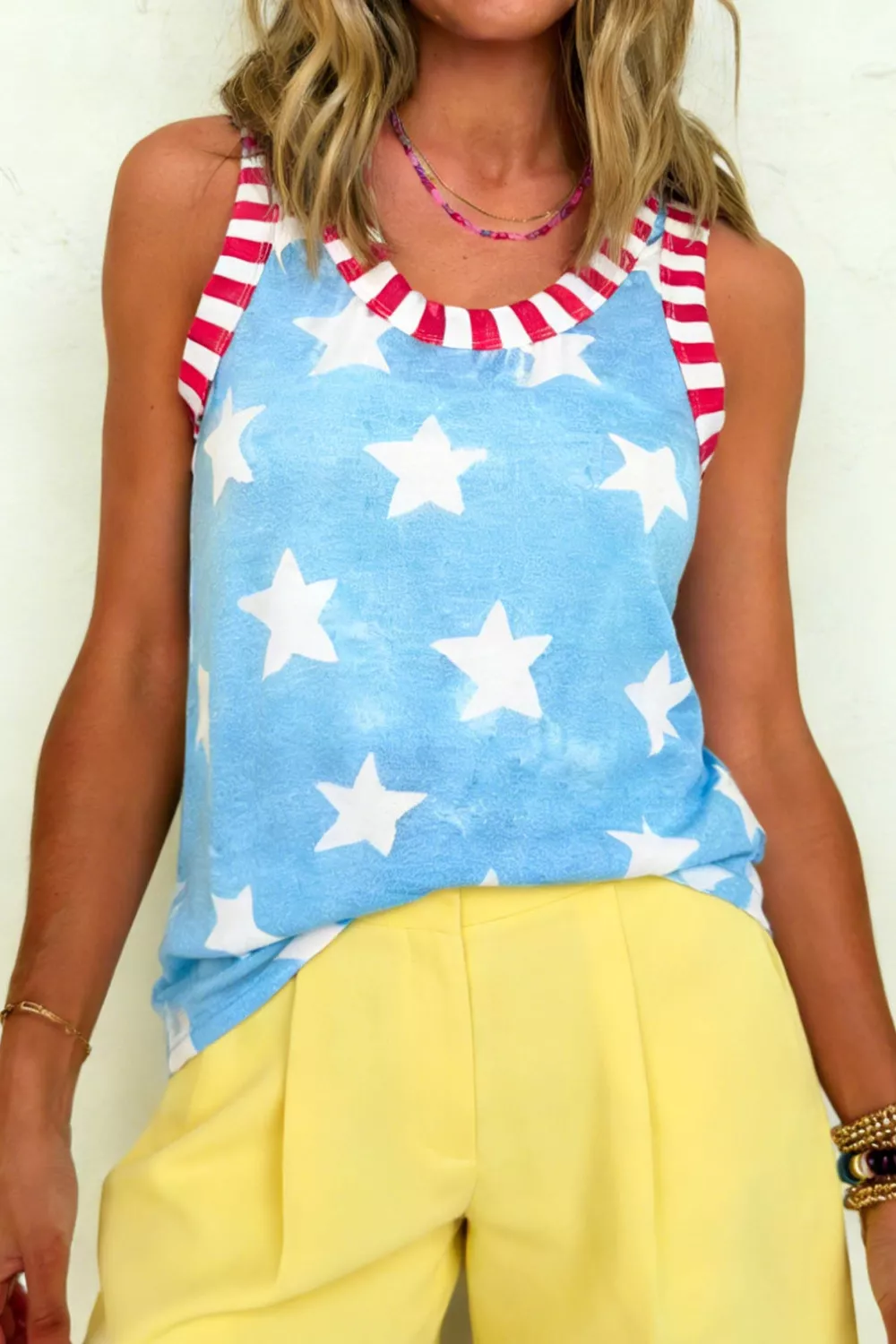 Tie Dye Star Print Striped Trim Round Neck Casual Tank Top, image 2