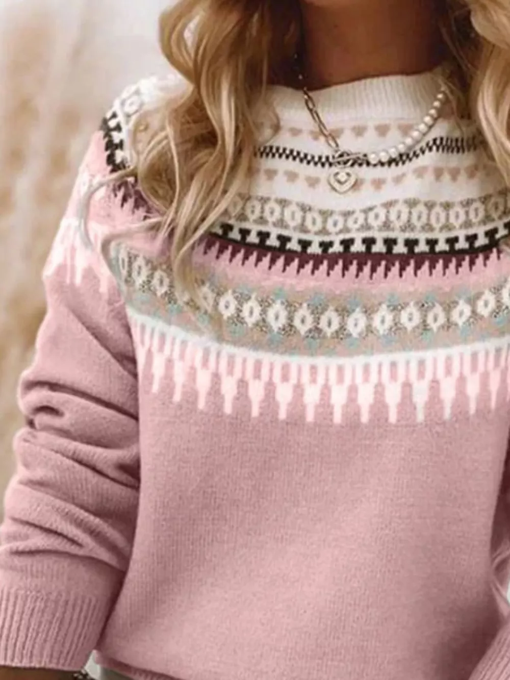 Full Size Vintage Patterned Round Neck Sweater Plus Size, image 8