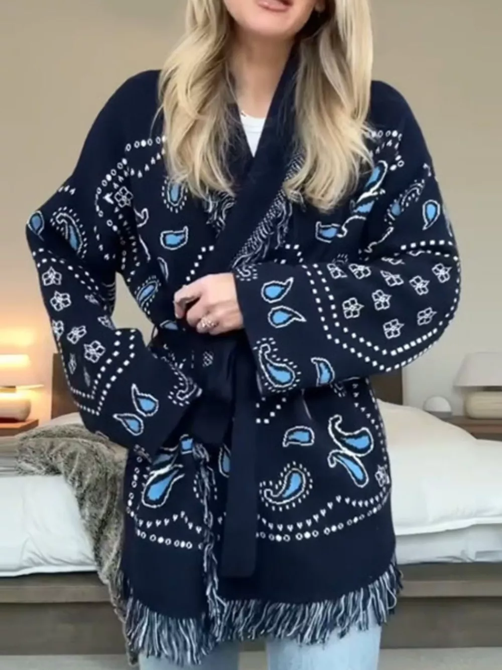 Printed Fringe Long Sleeve Cardigan, image 4