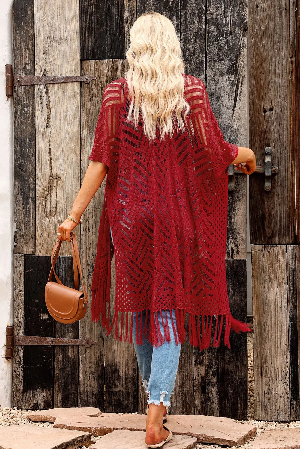 Openwork Open Front Cardigan with Fringes, image 12