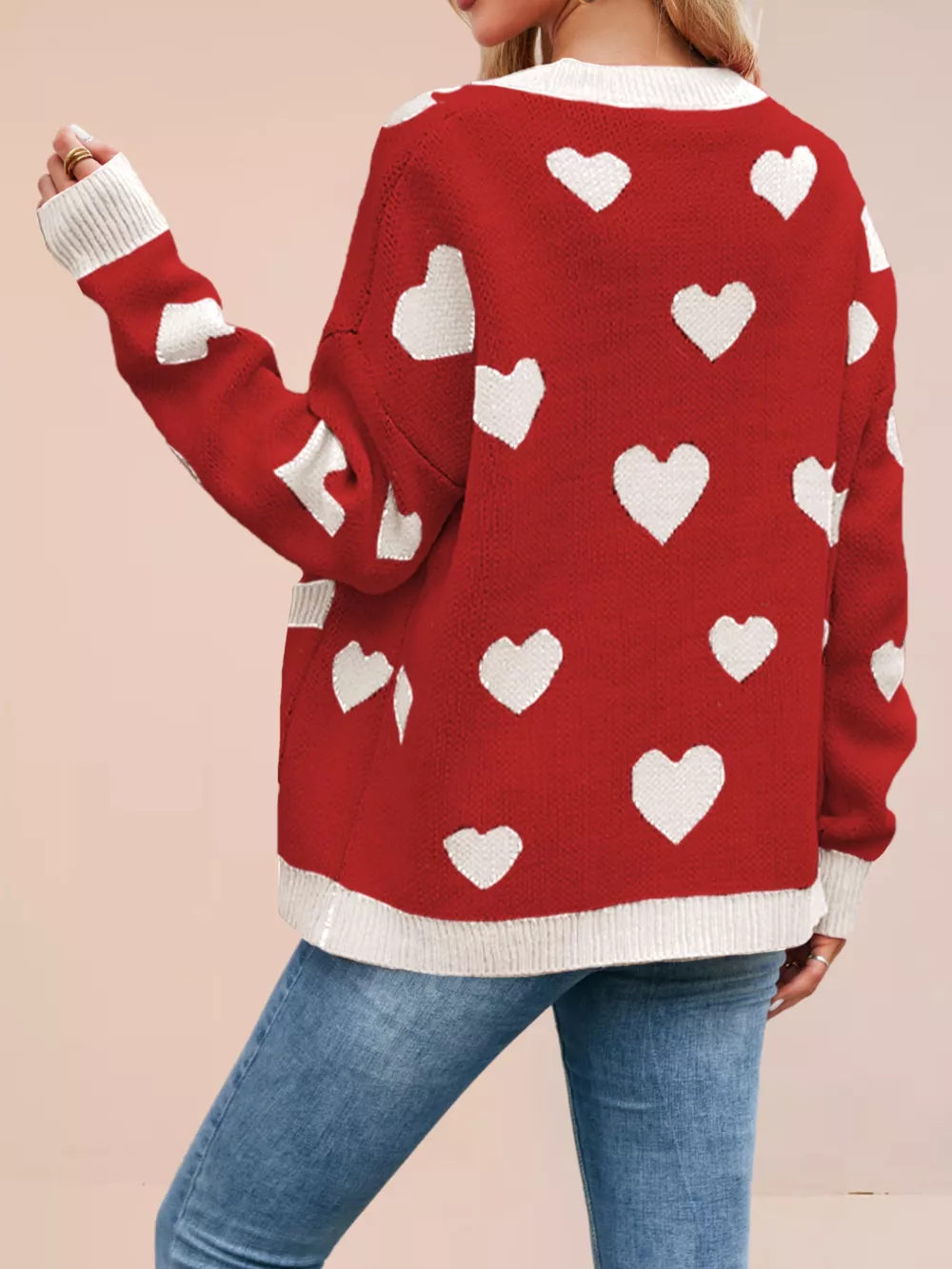 Heart Pattern Button-Up Knit Cardigan, image 13