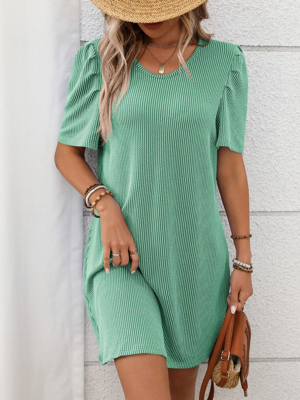 Textured Round Neck Short Sleeve Mini Dress, image 11