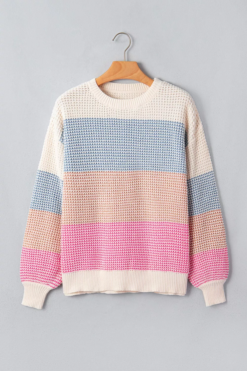Color Block Waffle Knit Drop Shoulder Round Neck Long Sleeve Sweater, image 7