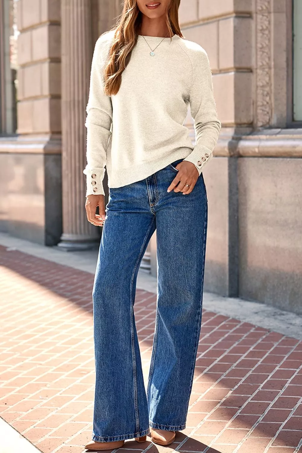 Button-Cuff Crew Neck Sweater, image 4