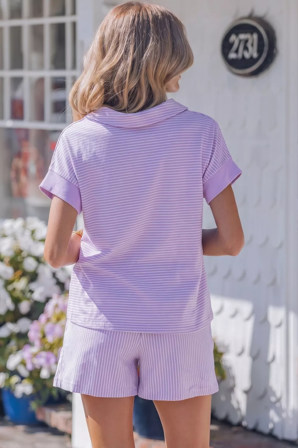 Stripe Dolman Sleeve Polo Shirt and Drawstring Shorts Set, image 2