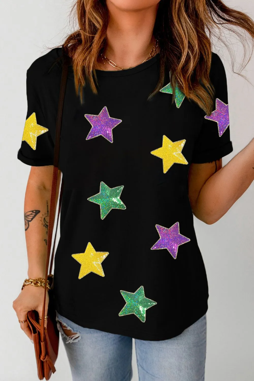 Sequin Stars Patched Round Neck T-Shirt, image 2