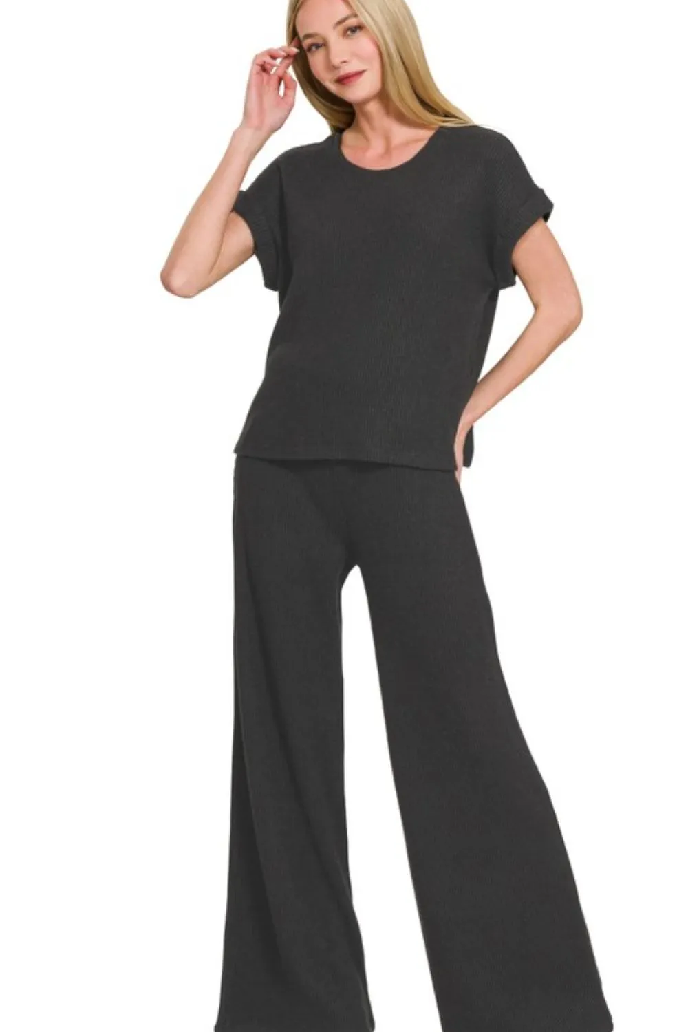 Rolled Sleeve Top and Pants Sweater Set