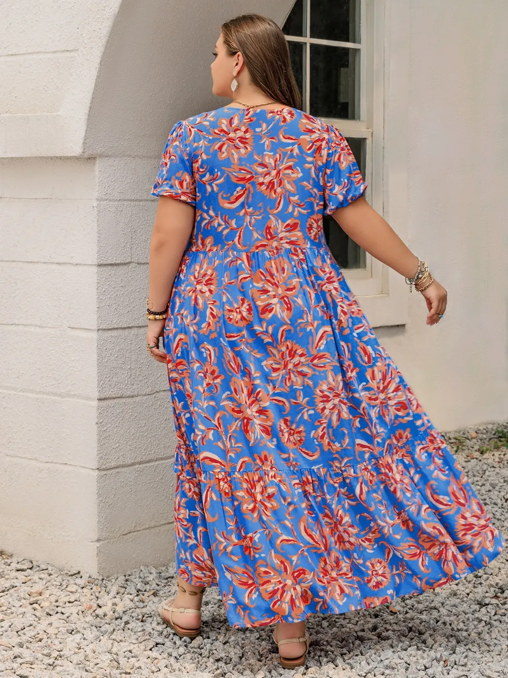 Plus Size Ruffled Printed V-Neck Short Sleeve Maxi Dress, image 5