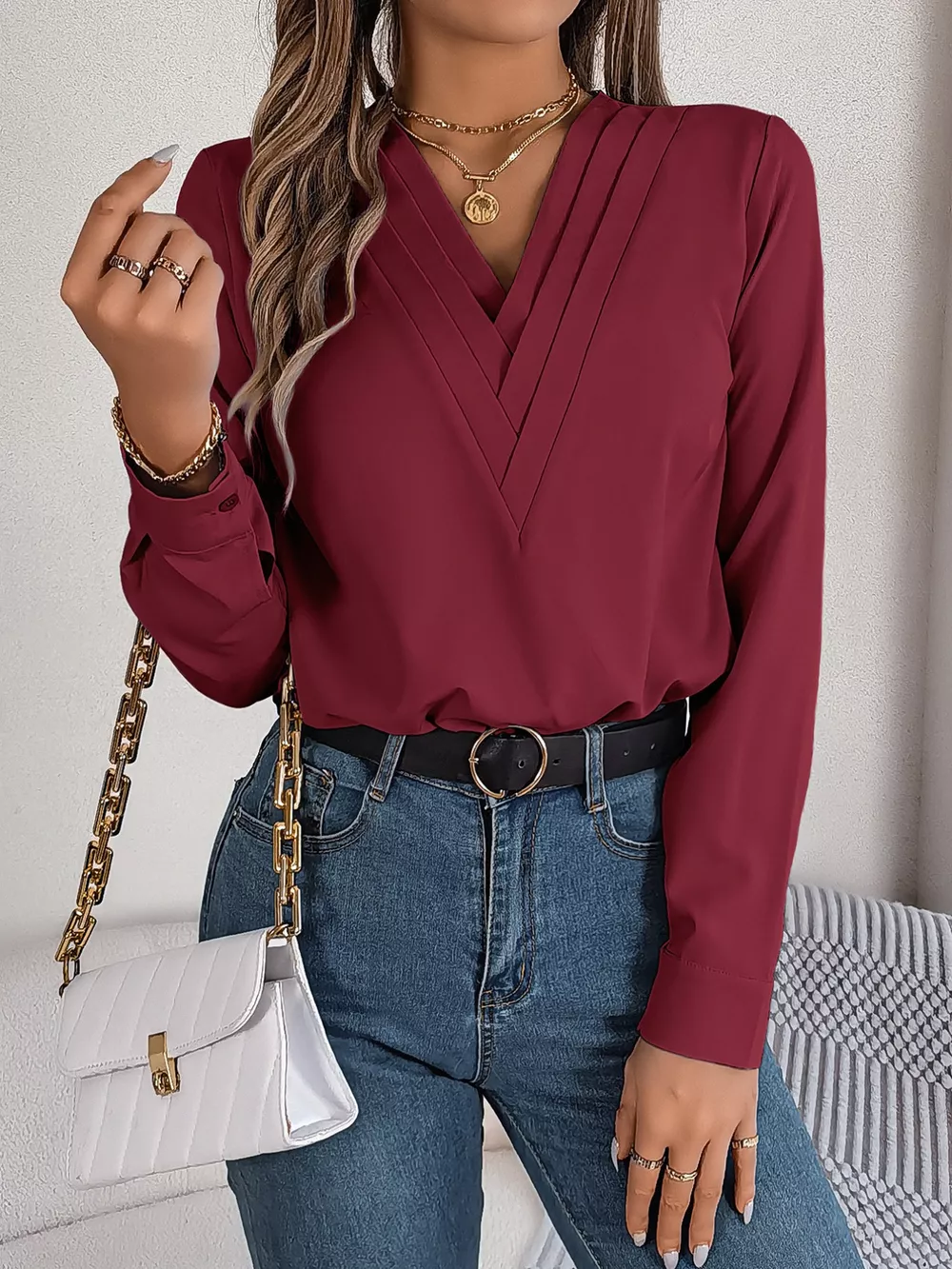 Layered V-Neck Long Sleeve Blouse, image 27