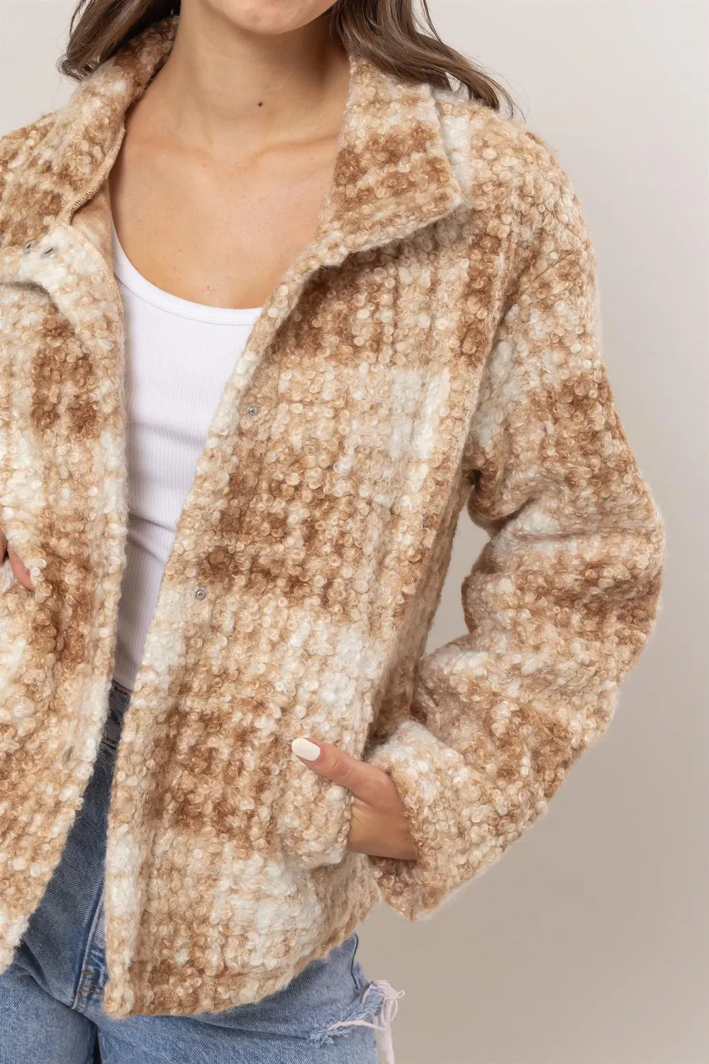 Plaid Collared Neck Boucle Jacket with Pockets, image 2