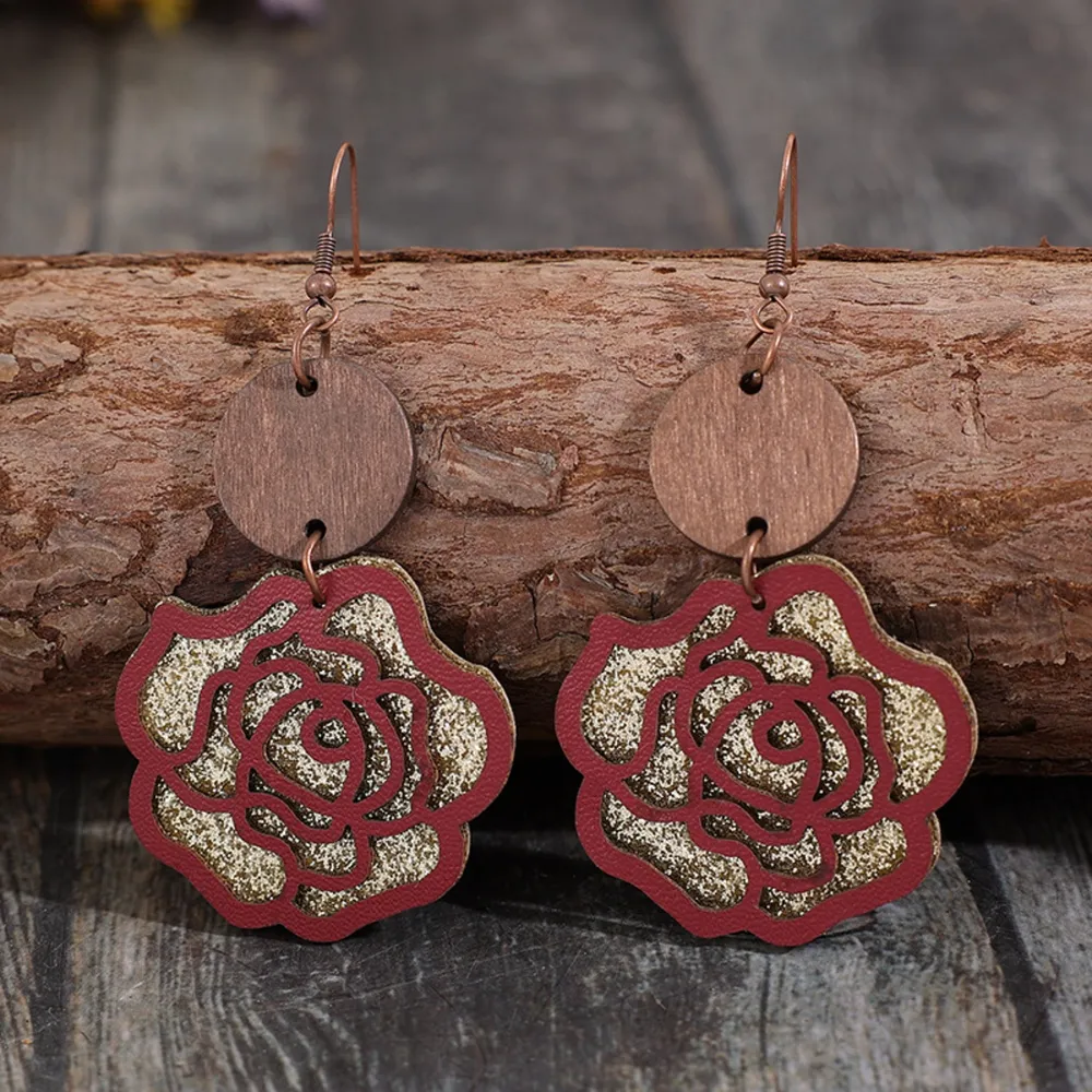 Wooden Alloy Rose Shape Dangle Earrings, image 2