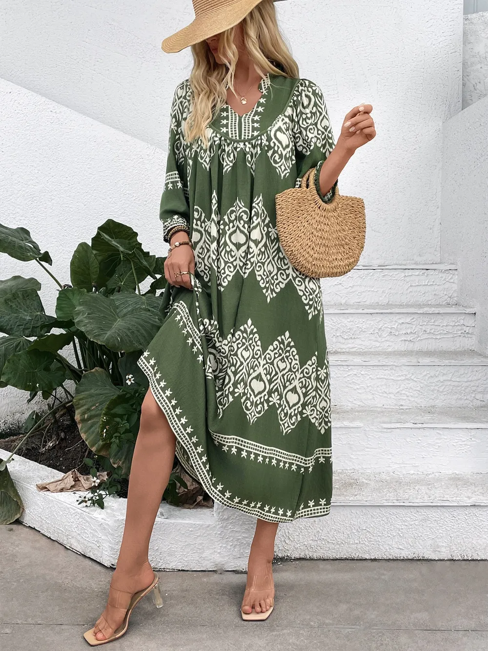 Printed Notched Midi Dress with Pockets, image 5