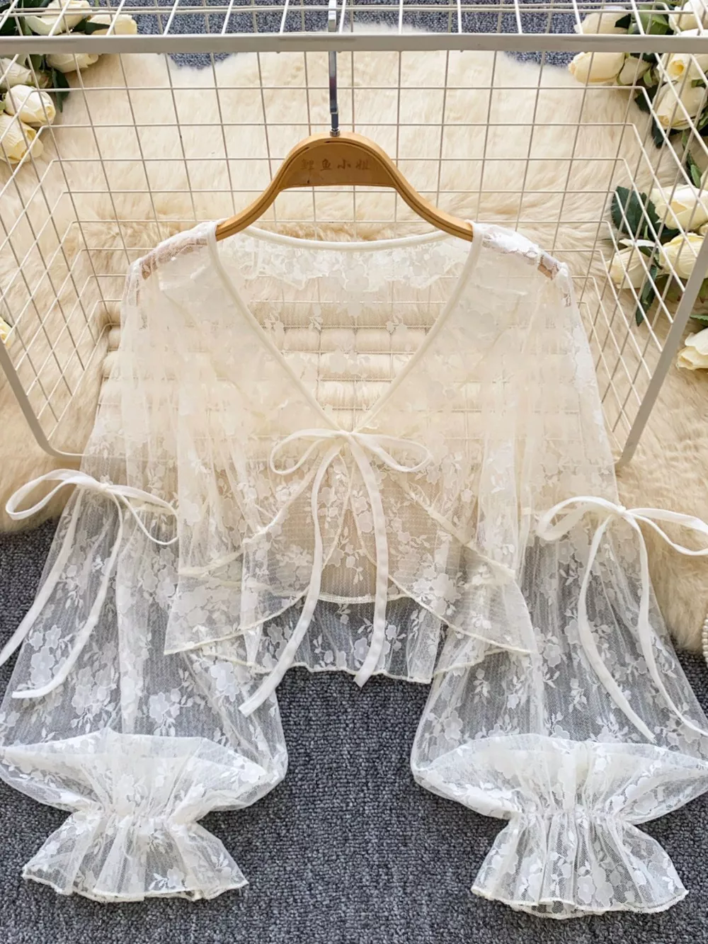 Sheer Lace Tie Front Flounce Sleeve Top, image 4