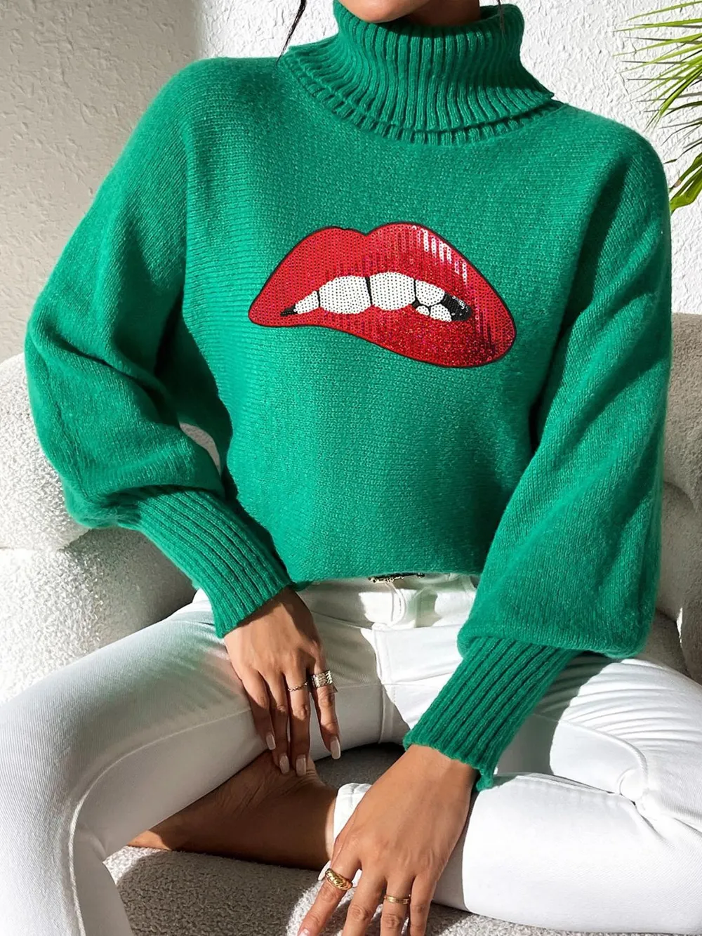 Lip Turtleneck Long Sleeve Sweater, image 5