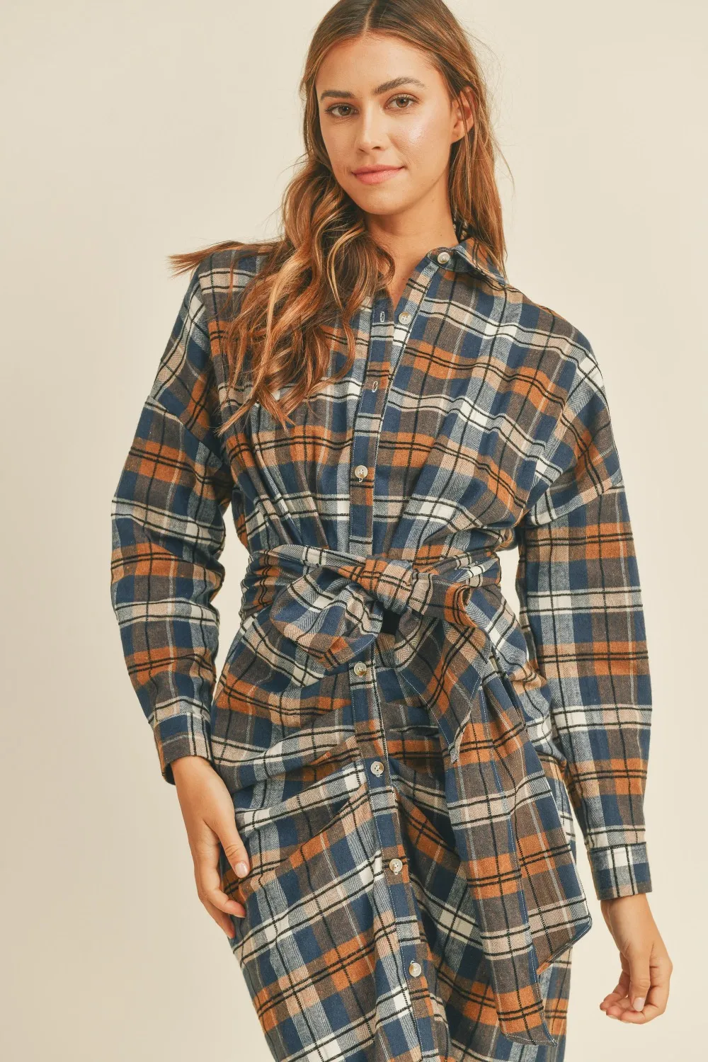 Plaid Flannel Front Tie Button Down Shirt Dress, image 6
