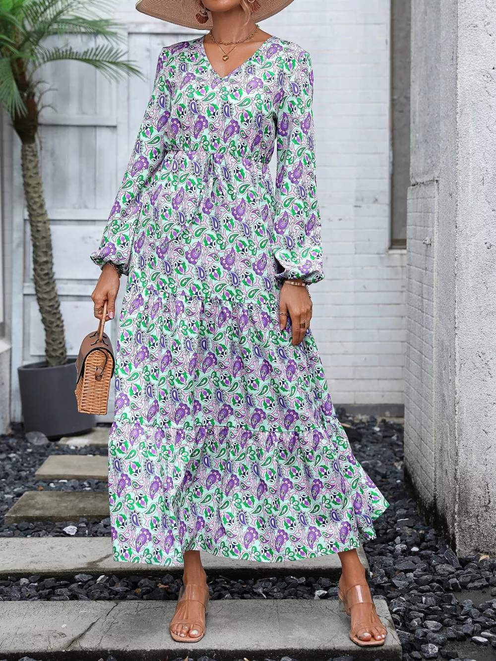 Printed V-Neck Long Sleeve Dress, image 3