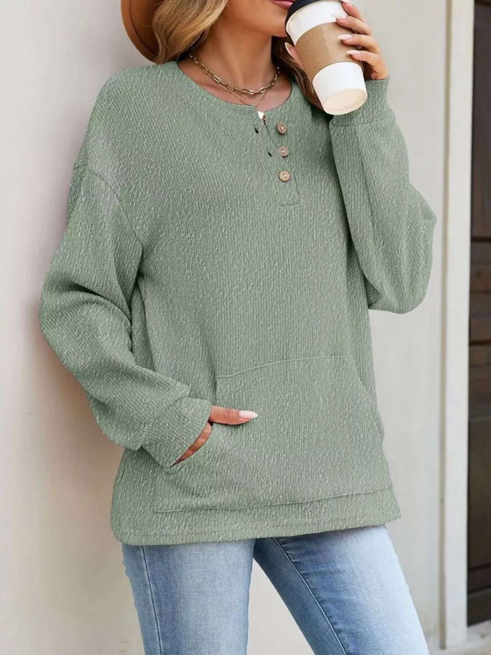 Button Detail Dropped Shoulder Sweatshirt, image 5