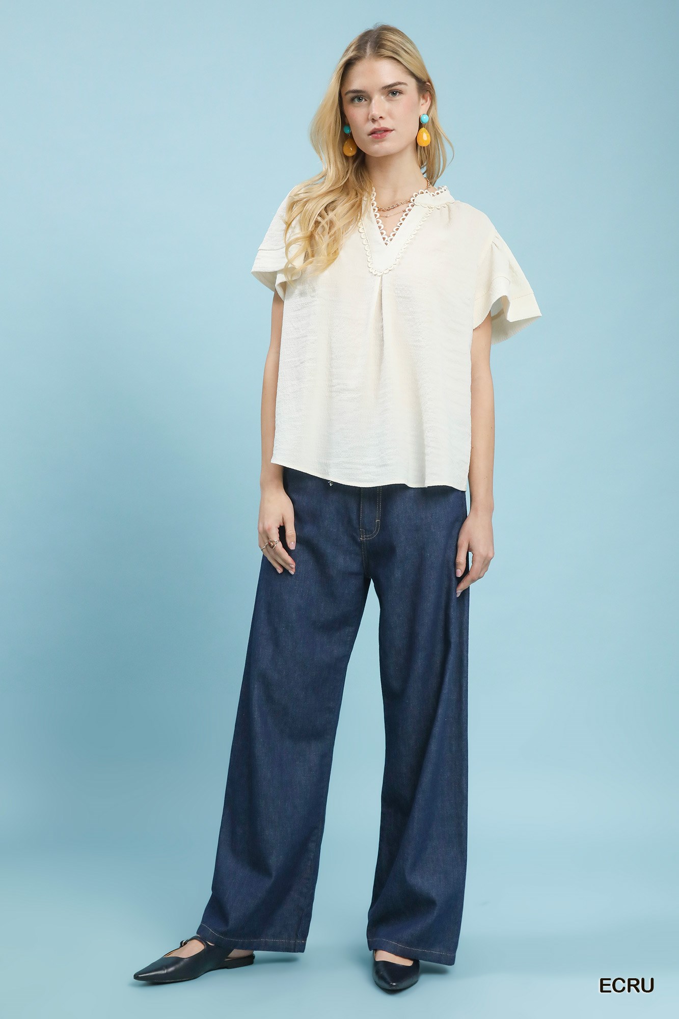 Seersucker Short Sleeve Top with Lace Trim, image 3