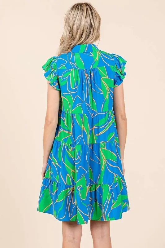 Leaf Print Ruffle Sleeve Tiered Mini Dress, image 2