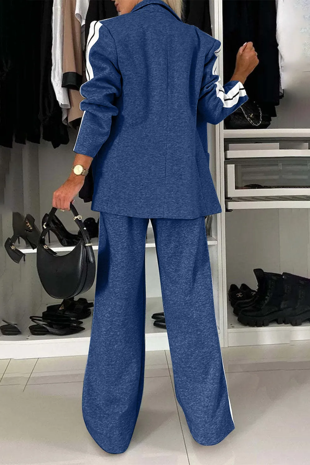 Full Size Contrast Lapel Collar Top and Pants Set, image 11