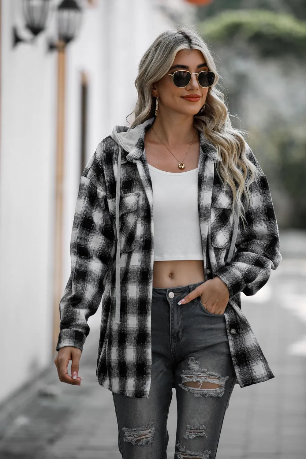 Drawstring Plaid Long Sleeve Hooded Shacket, image 5