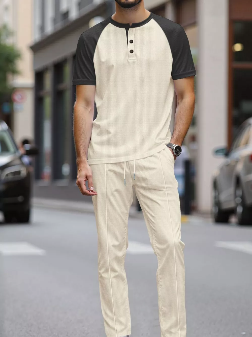Men's Full Size Casual Two-Tone Raglan Sleeve Tee and Pants Set Plus Size, image 8