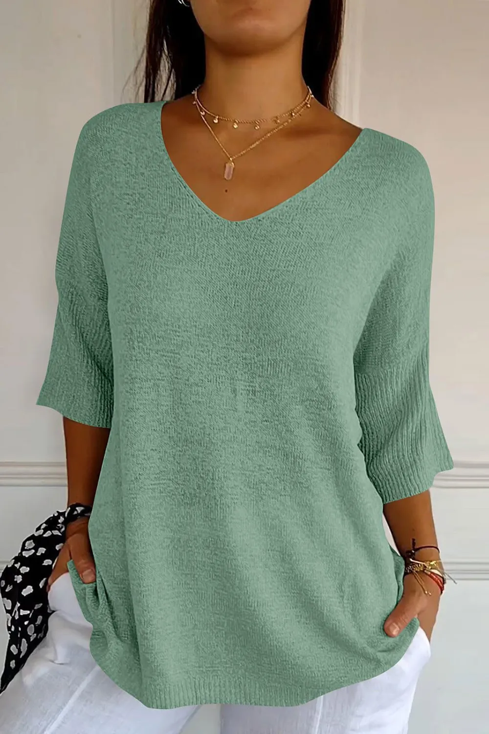 V-Neck Three-Quarter Sleeve Knit Top, image 16