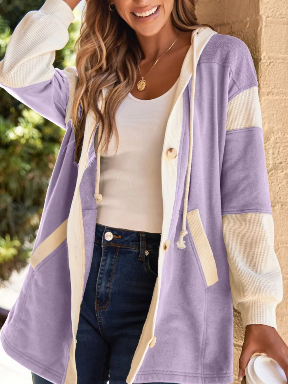 Waffle Contrast Knit Color Block Patchwork Button Front Oversize Hoodie, image 2