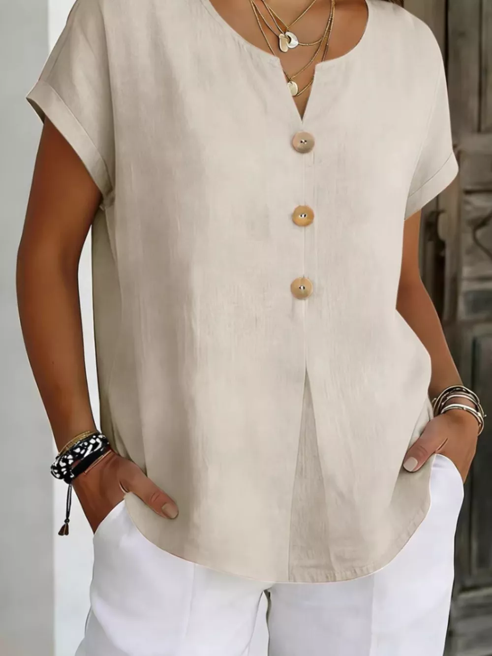Decor Button Short Sleeve Blouse, image 12