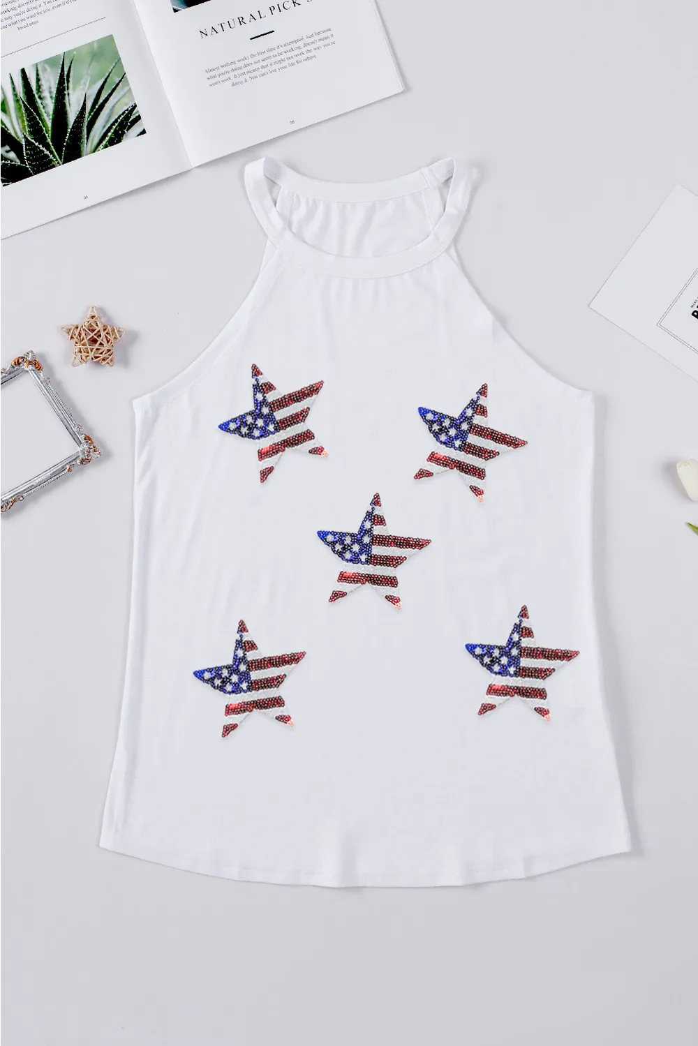 Sequin US Flag Star Grecian Neck Tank, image 3