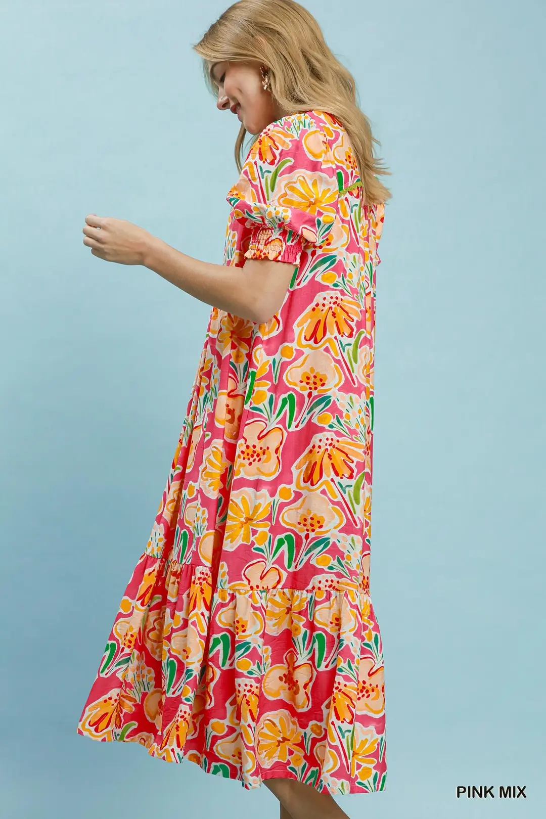Floral Print Puff Sleeve Tiered Midi Dress, image 3