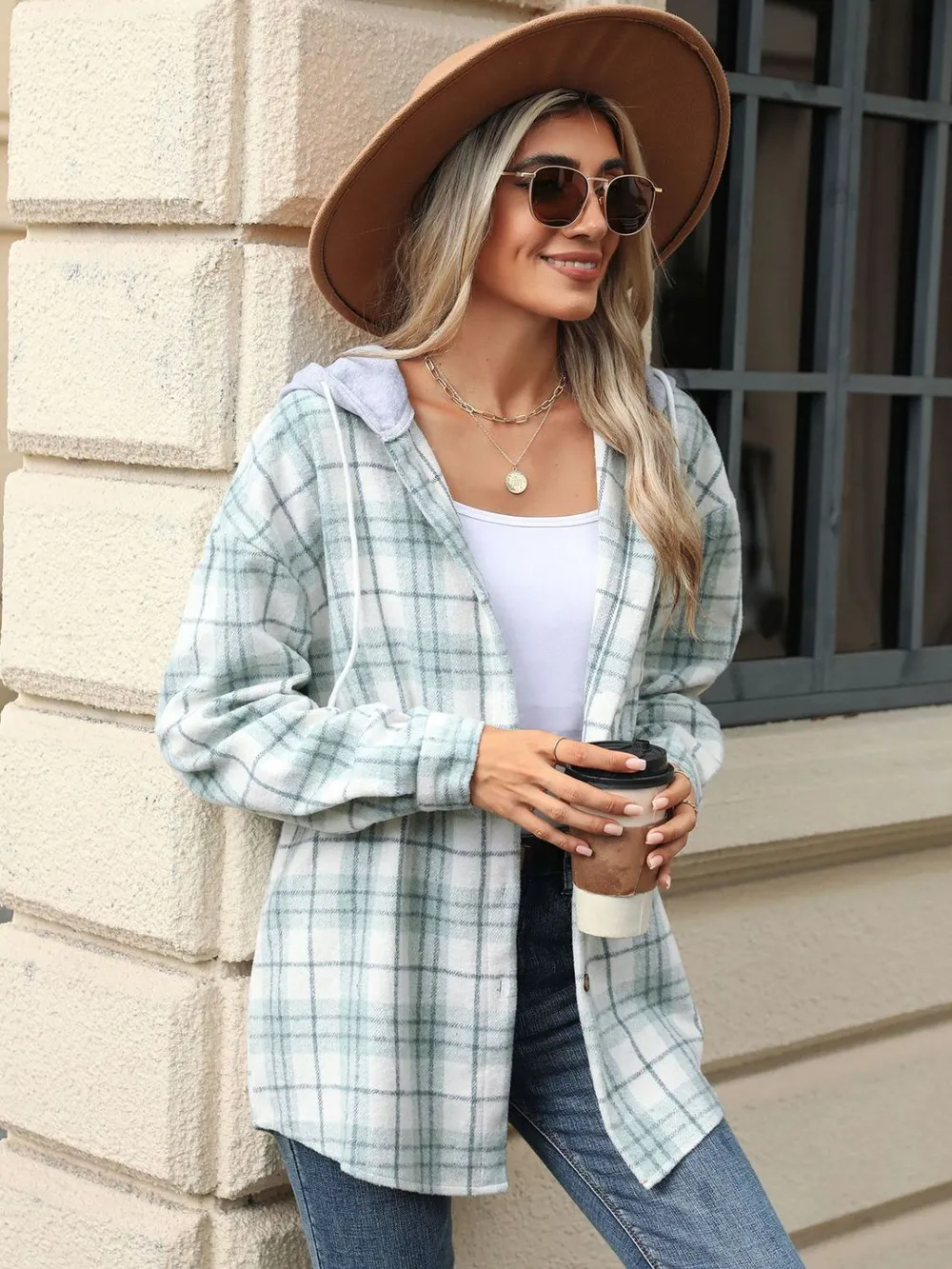 Drawstring Plaid Button Up Hooded Jacket, image 7