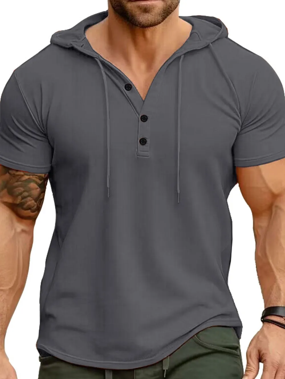 Men's Full Size Casual Hooded Henley T-Shirt Plus Size, image 2
