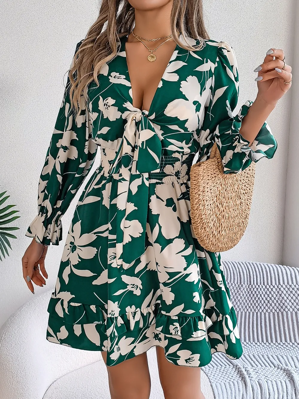 Tied Ruffled Printed Long Sleeve Dress, image 8
