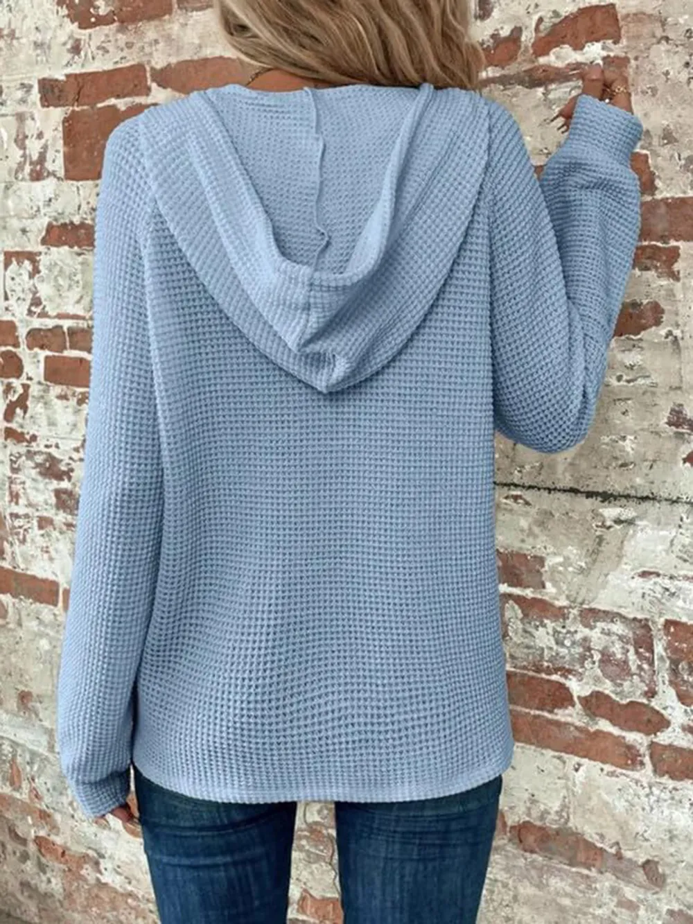 Waffle Knit Long Sleeve Drawstring Hooded Top, image 34