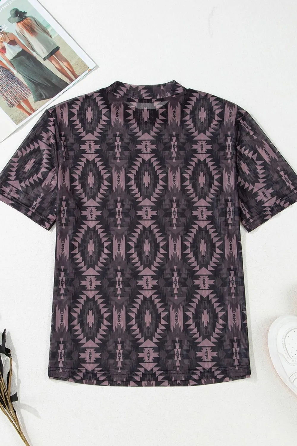 Aztec Print Mock Neck Short Sleeve Mesh T Shirt, image 5