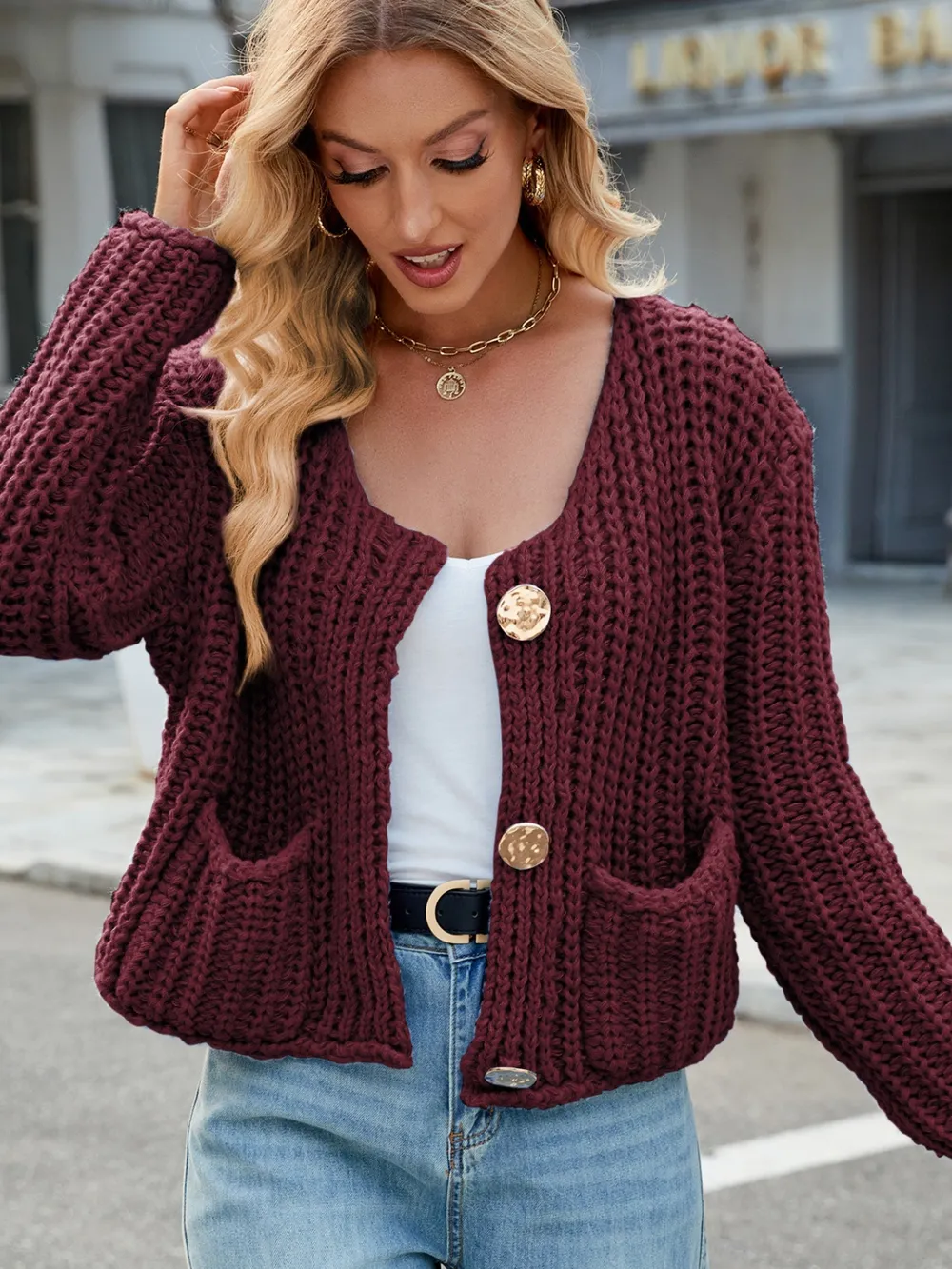 Round Neck Button Up Cardigan with Pockets, image 17