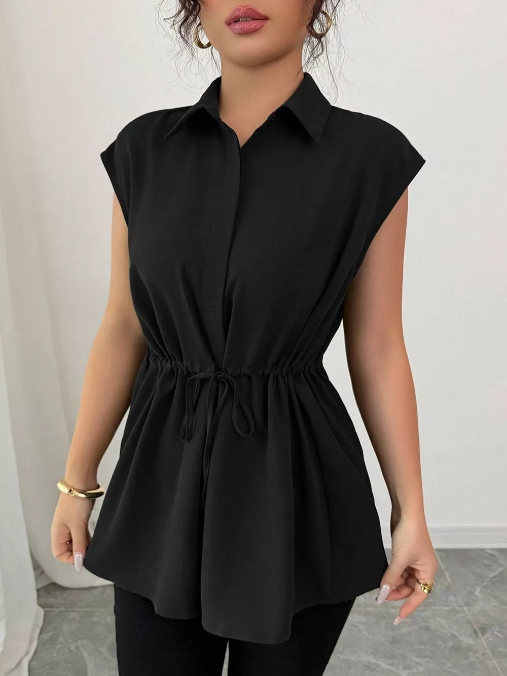Drawstring Waist Cap Sleeve Shirt, image 15