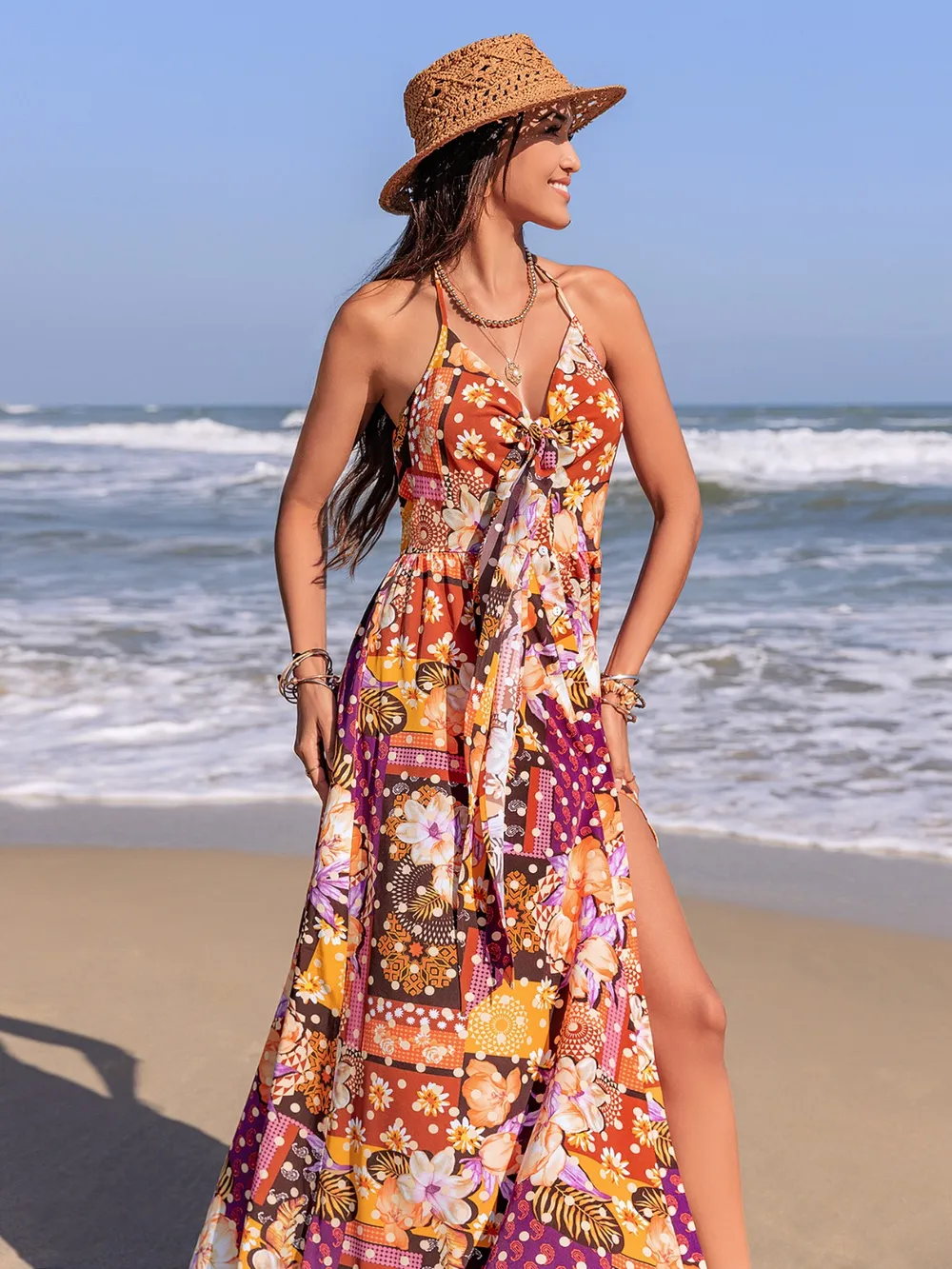 Slit Printed Halter Neck Cami Dress, image 4