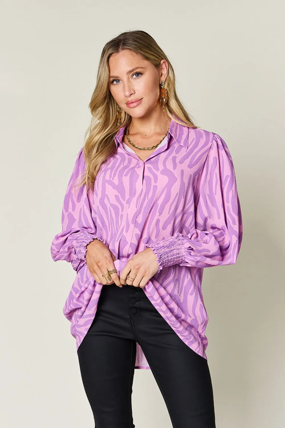 Full Size Printed Smocked Long Sleeve Blouse Plus Size, image 2