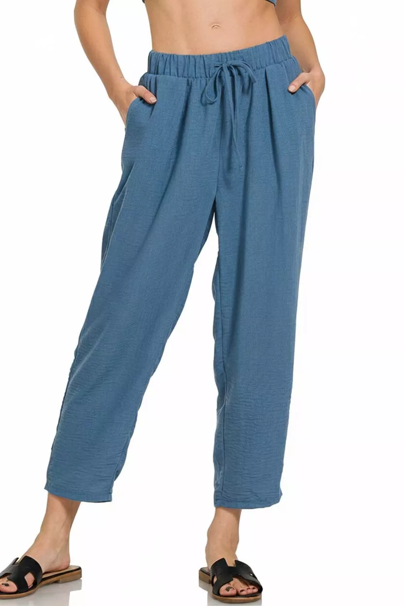 Woven Crepe Elastic Band Waist Pants, image 3