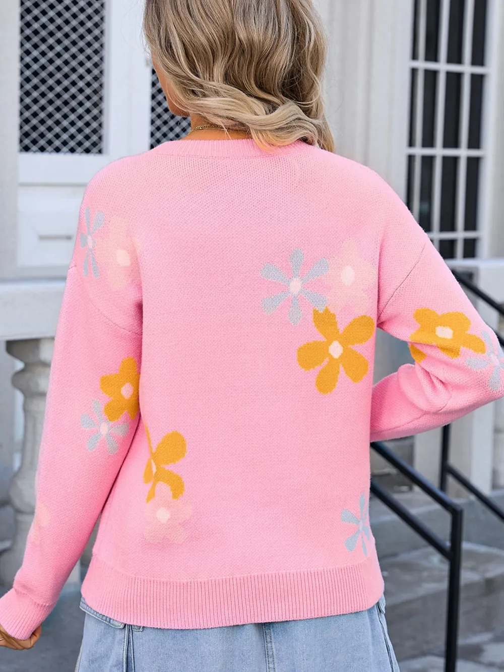 Flower Round Neck Dropped Shoulder Sweater, image 3