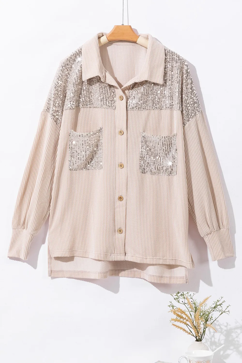 Sequin Button Up Dropped Shoulder Jacket, image 3