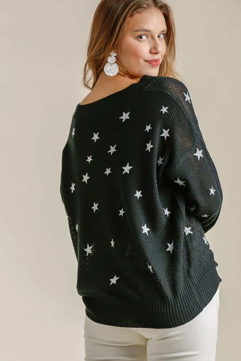 Full Size Star V-Neck Long Sleeve Sweater Plus Size, image 2